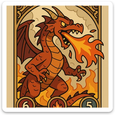 epic collectible card featuring a fire-breathing dragon with visible health, fire, and armor stats, intricate details, ornate card border, dramatic pose, vibrant colors, fantasy illustration style sticker