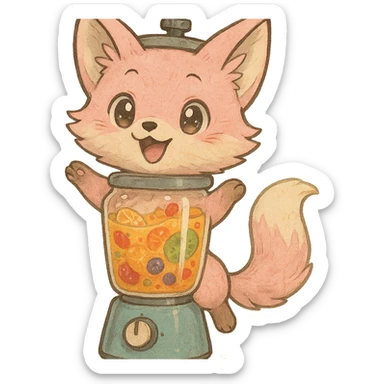 detailed Ghibli-inspired chibi fox with pastel pink fur transformed into a blender, transparent body filled with luscious multi-fruit smoothie, expressive sparkling eyes, joyful pose, full-body sticker