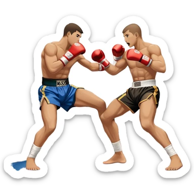 An icon symbolizing kickboxing, featuring two fighters in the midst of an intense match. One throws a powerful roundhouse kick, while the other counters with a punch. The background shows a ring, with ropes and a cheering crowd. Transparent background highlights the action and strength sticker