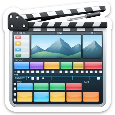 Create an emoji representing video editing. The design should feature a video editing software interface with a visible timeline, video clips, and audio tracks. Include elements like a film strip or a clapperboard to represent the filmmaking aspect. No smiley faces. Make the background transparent. sticker