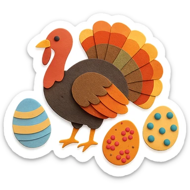 wild turkey in paper craft style, layered paper details, colorful feathers, fanned tail, surrounded by decorated Easter eggs sticker
