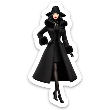 Silkstone Dazzling Winter Barbie Morticia Addams .  Wearing coat gloves boots hat sticker