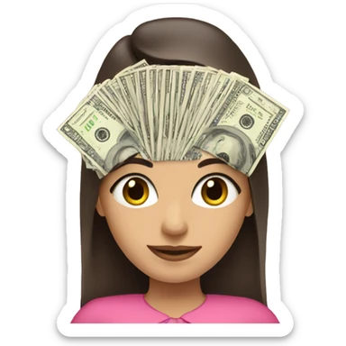 brunette girl with long hair in a pink dress holds paper dollars in her hands sticker