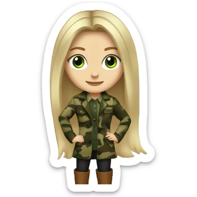 White girl with Long blonde hair and green eyes, camouflage Wool oversize blazer, mini dress and Brown leather boots  sticker