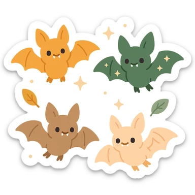 A group of cute, flying bats with a soft and magical aesthetic, illustrated in a warm color palette: golden orange (FA9B41), deep forest green (4A7C5C), muted taupe brown (96775A), and pastel peach (FFCC9A). Each bat has round, friendly eyes, small fangs, and gentle wing shapes with whimsical patterns or tiny stars. Their fur and wings are colored in soft combinations of the given tones, giving them a cozy, storybook-like charm. They fly playfully through a softly glowing night sky with sparkles or floating leaves, creating a dreamy, enchanting atmosphere. The mood is cute, calm, and a little magical sticker