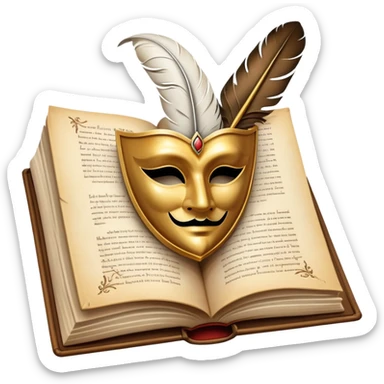 An icon featuring an open book with flowing pages, a feather quill, and classic literary symbols like a theater mask and inkwell. The design includes a subtle parchment background with faint text lines, symbolizing the study of literature. Transparent background emphasizes creativity and analysis. sticker