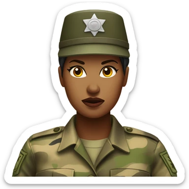 a female drill sergeant showing full torso wearing a classic sergeant hat and a camouflage army shirt. The character should have an angry intense expression.  sticker