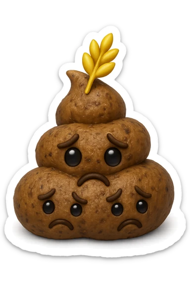 emoji stile iphone di una montagnetta di feci umane realistiche a palline tristi con sopra un simbolo del grano, iperrealistico 4k sticker