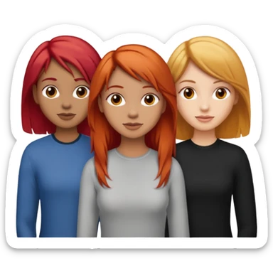 Can you create an image of 3 friends together one with red bright hair light skin one the other with brown hair with some blonde highlights in the hair fair skin the last one with light brown a tint of orange hair and black long hair sticker
