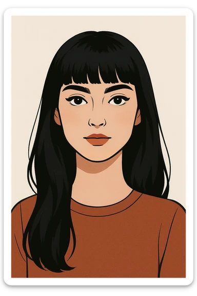 portrait of a pretty white girl with long black hair and thick bangs, clean background, modern illustration style sticker