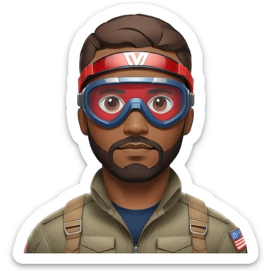 sam wilson with a very short hair close to the scalp and  a well-groomed beard that connects to his mustache,  wear sleek, red-tinted tactical goggles fit snugly from captain america: civil war sticker