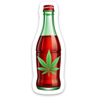 Classic Coca-Cola shaped glass bottle with curved contours, red color, with a cannabis leaf sticker