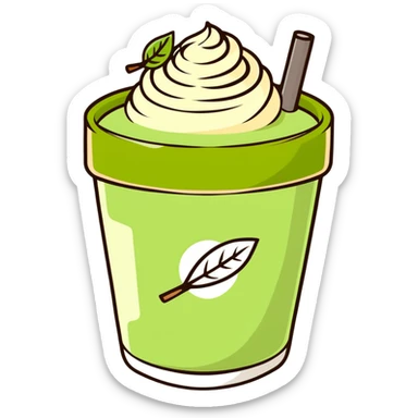 matcha latte in warm olive-brown tones with leaf detail, soft dreamy illustration sticker