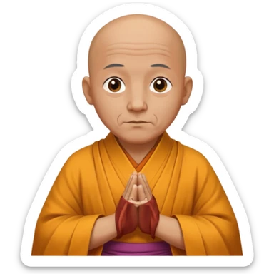 A old bald monk wearing traditional robes, calm expression, hands clasped, in a serene setting sticker