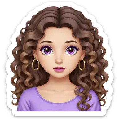 cute girl with not volominous VERY LONG curly/wavy brunette hair with balayage, brown eyes, full lips, cute makeup and hoop earrings white girl. wearing a cute lillac top sticker