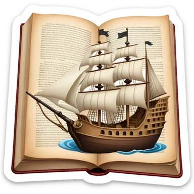 Collage for Reading Fiction: Cola large open book with pages turning into a sailing ship, with musketeers on horseback, and Sherlock Holmes with a magnifying glass standing nearby. The icon should evoke the adventure and romance of exploring fictional worlds. Transparent background sticker