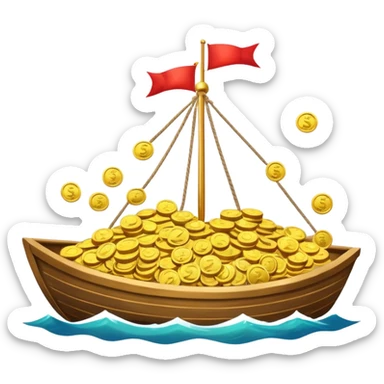 emoji of gold coins on the boat in the sea sticker