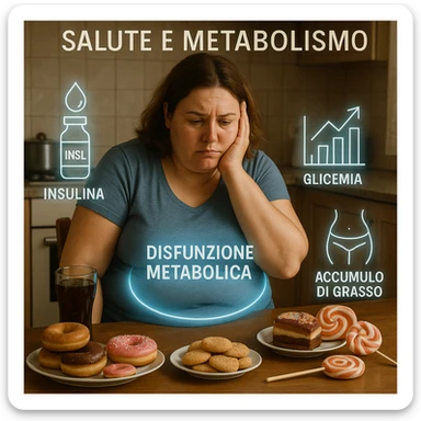 realistic surreal symbolism; 38-year-old woman, slightly overweight, sitting tired at kitchen table with sugary foods; frustrated expression; blue halo around abdomen (metabolic dysfunction); transparent icons: high insulin, rising blood sugar (graph with upward arrows), fat accumulation on abdomen and hips; writings in Italian sticker