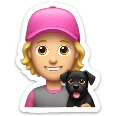 blond guy with little beard in pink cap holding black dog sticker