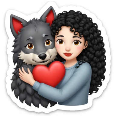Black curly hair white skin girl hugging a big wolf with hearts above them sticker