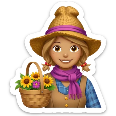 Scarecrow, Smiling face, colorful scarf, flower hat, holding a small basket. sticker