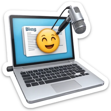Create an emoji representing blogging. The design should feature an open laptop or tablet with a visible blog post on the screen, showing text. Optionally, add a camera or microphone for multimedia content. Use modern, professional colors. exclude any emoticons! Make the background transparent. sticker