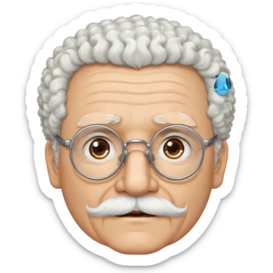 An elderly man emoji with light skin, fluffy curly white hair, thick white eyebrows, brown eyes behind black-framed glasses, a narrow pointed face, and a thin straight white mustache above his mouth. sticker