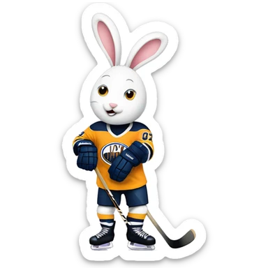 A bunny hugs a hockey player sticker