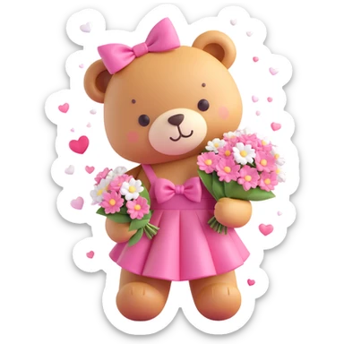 A cute teddy bear with a pink bow on its head, holding a bouquet of white flowers, in a 3D iOS Disney style, with a soft pink background and hearts floating around, wearing a pink dress. sticker