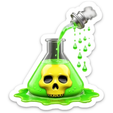 3D render of Spilled Flask, toxic waste aesthetic, neon green bubbling liquid, caution yellow metal, industrial warning texture. sticker
