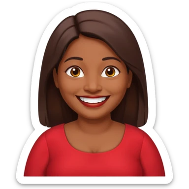 50 yr old chubby Sri Lankan woman, dark skin, straight brown hair, big smile, white teeth, red dress clothes, longer hair straight, big teeth sticker
