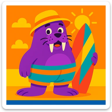 Give the cute purple walrus with a sun hat and shorts a surfboard, keep the cheerful style. sticker