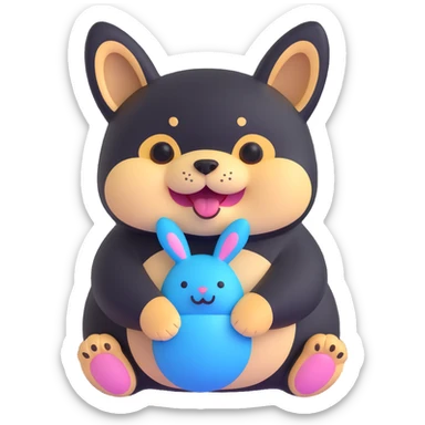 chubby black shiba inu with blue bunny plush in mouth, happy expression, cheese scent implied sticker