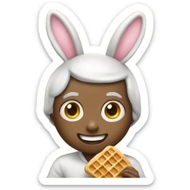 A boy dressed as a bunny eating a waffle sticker