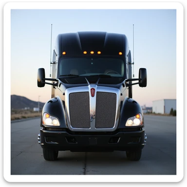 2026 Black Kenworth T680 Sleeper semi truck, front view, headlights on, realistic details, no background sticker