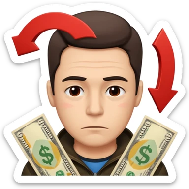 a man with money bills and a red down arrow next to him sticker