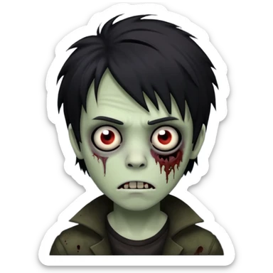 boy zombie with black, medium-long, shaggy emo hair, dark and spooky, creepy expression sticker