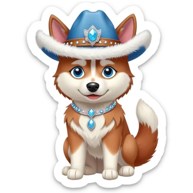 cute, disney-style red siberian husky with blue eyes wearing a bedazzled cowgirl hat, full body view sticker