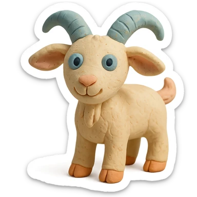 playful goat with curved horns, soft pastel colors, hand-molded details, claymation style sticker