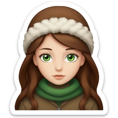 Girl green eyes brown long hair with brown-white winter clothes  sticker