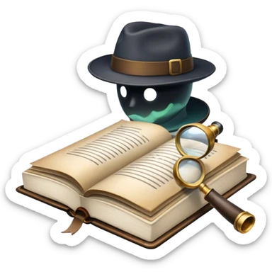 Icon for Detective Reading: an open book with a magnifying glass, a detective’s hat, and a notebook with clues, surrounded by dark shadows and mysterious elements like footprints and a smoking pipe. Transparent background. sticker