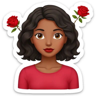 Olive brown eyed women with black wavy hair rose background red top sticker