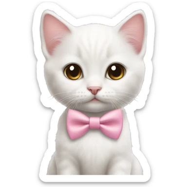 White kitten with brown eyes wearing a pink bow tie sticker