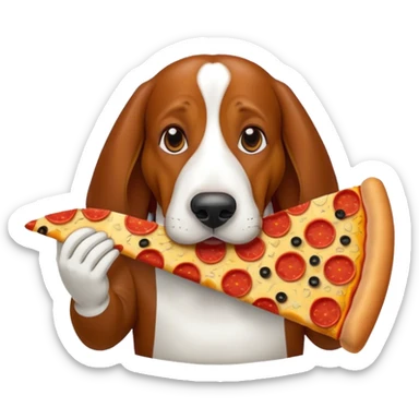 Basset hound with a pizza sticker