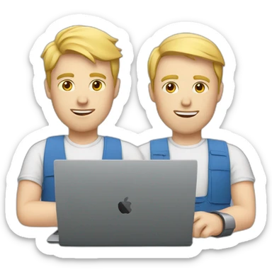 two tech guys with pale skin working on a laptop sticker
