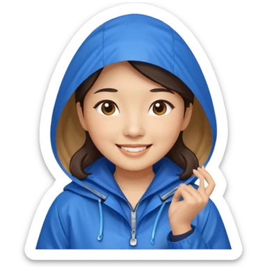 Asian lady caught in the rain with blue raincoat sticker