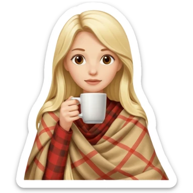 Blonde long hair lady drinking coffe inside a beige plaid blanket  sticker