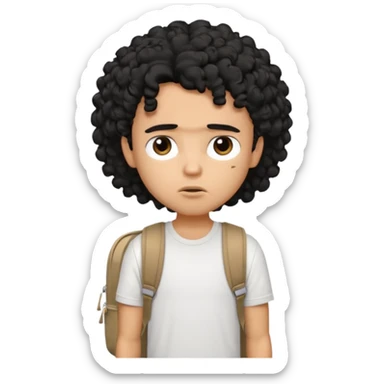 a pretty bratz guy with black curly hair wearing a white tshirt and brown backpack looking tired sticker