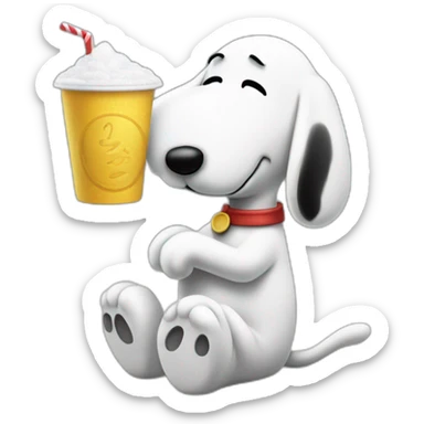 Snoopy (full body, standing) holding a straw in his hand against his nose bent over a table sucking up a pile of sugar -drink -cup sticker