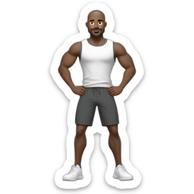 Full height Actively gesturing with hands Pale skinned Fit Man With the biceps, green eyes and brown hair in dark gray Sleeveless Mike, black oversize sports shorts, watch and white Sneakers sticker